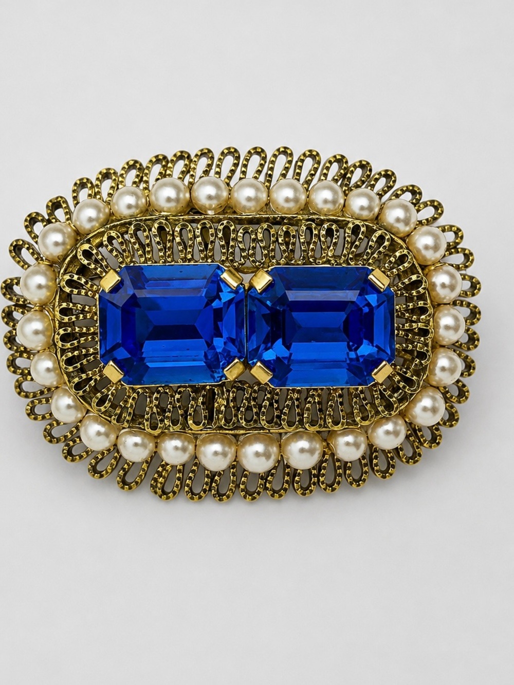 Vintage Czech Pearl & Sapphire Blue Rhinestone Brooch